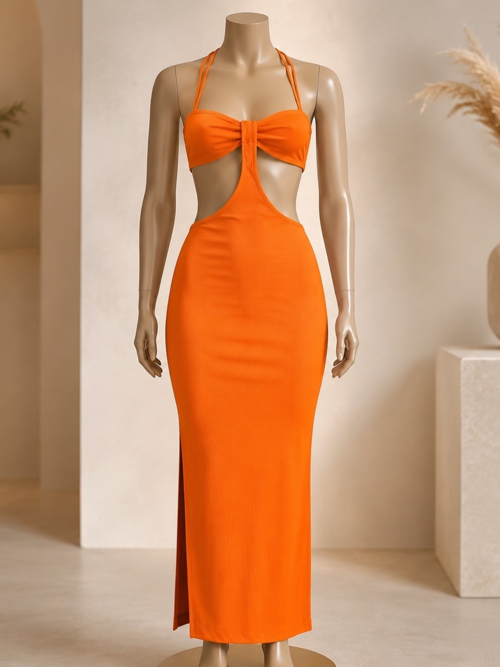 Women Almost Famous Orange Cutout Ribbed Bodycon Maxi Dress Size Medium